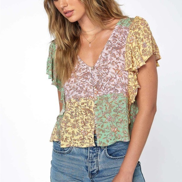 O'Neill Maggy Top Boho Floral Patchwork Flutter Sleeve Womens Size Medium - Picture 1 of 7